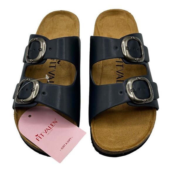 Fitvalen Women Size 7 Achim Navy Flat Cork Foot Twin Buckle Slide Sandal‎ NEW - Picture 5 of 10